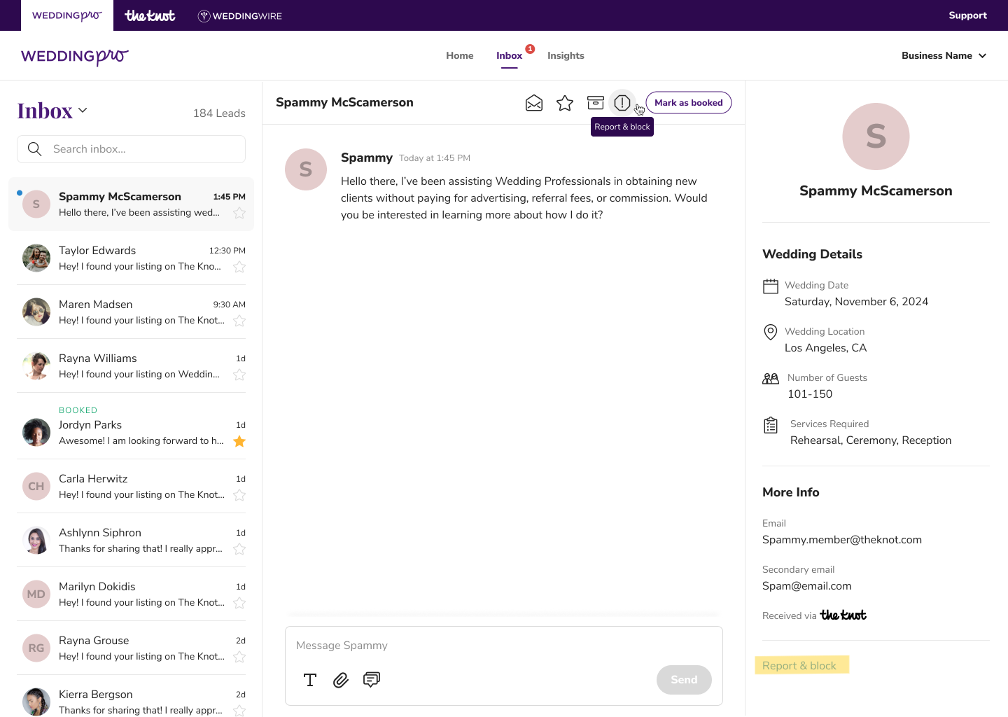 Image shows WeddingPro Inbox and cursor arrow hovering over Report and Block button