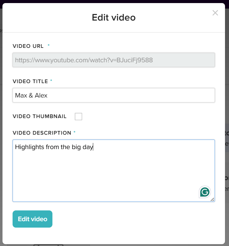 Image shows pop-up displaying video edit options on WeddingWire