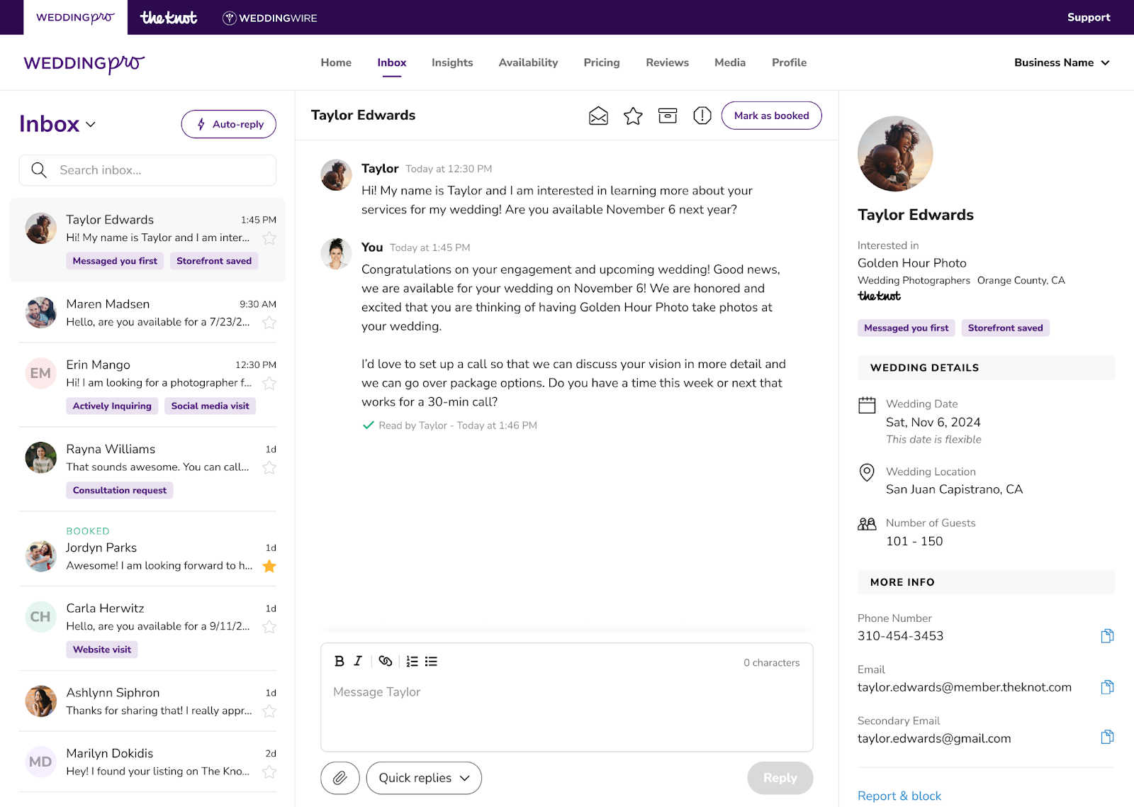 Image shows a WeddingPro Inbox message thread between the vendor and a lead. The right side of the screen displays important information about the lead, including their wedding date, wedding location, contact details and relevant lead tags (highlighted in purple).