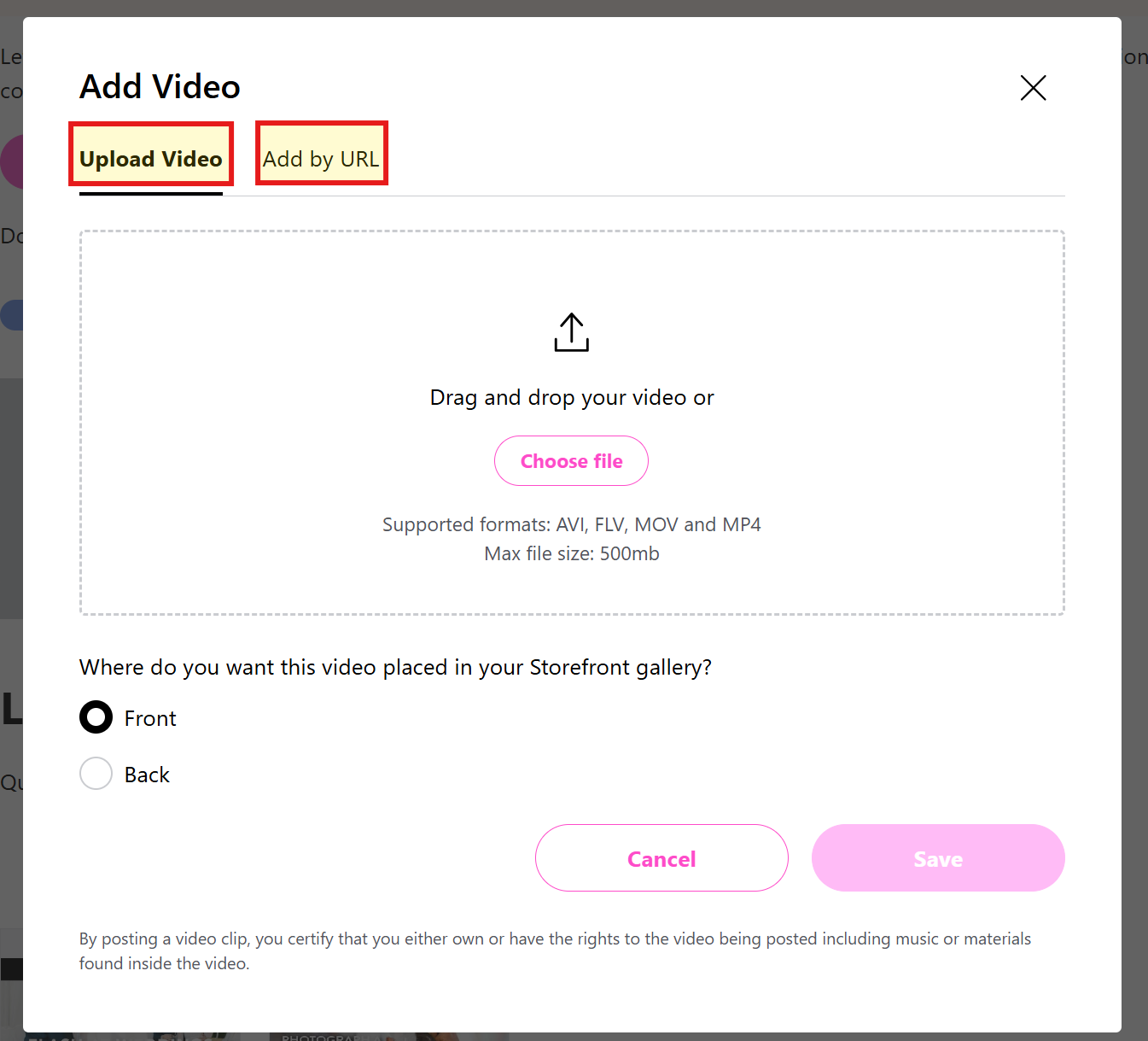 Image shows pop-up displaying video upload options on The Knot
