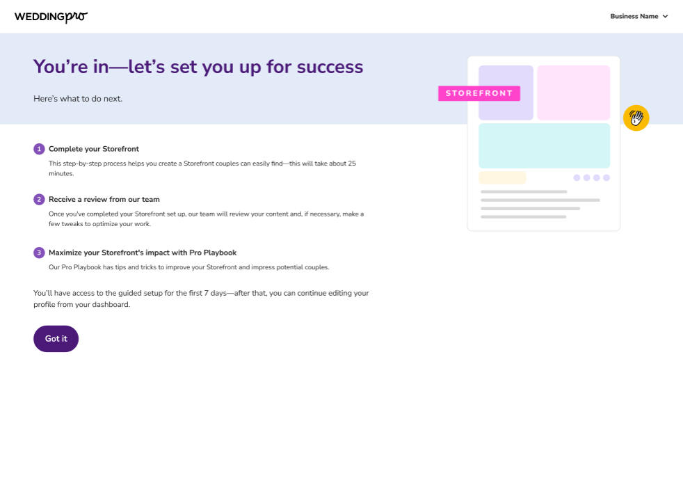 An image of the starting page of the Onboarding Wizard, with an overview of three steps to get started with the guided setup.
